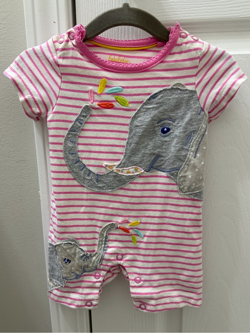 Baby Boden | Elephant Appliqué Romper | 0-3M | Pink Striped One Piece